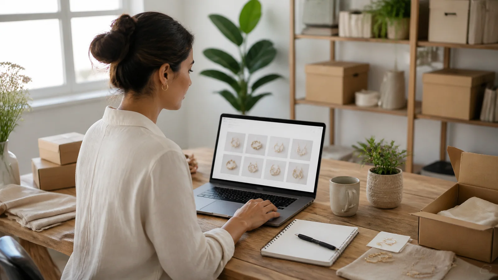 Comerciante organiza un catálogo digital claro en su espacio de trabajo
