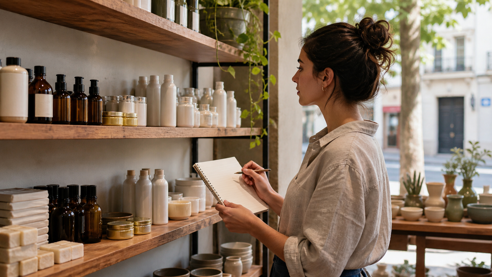 Comerciante controla productos ordenados en estanterías