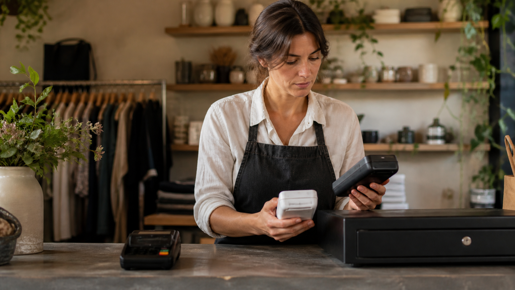 Comerciante revisa opciones de cobro en un mostrador