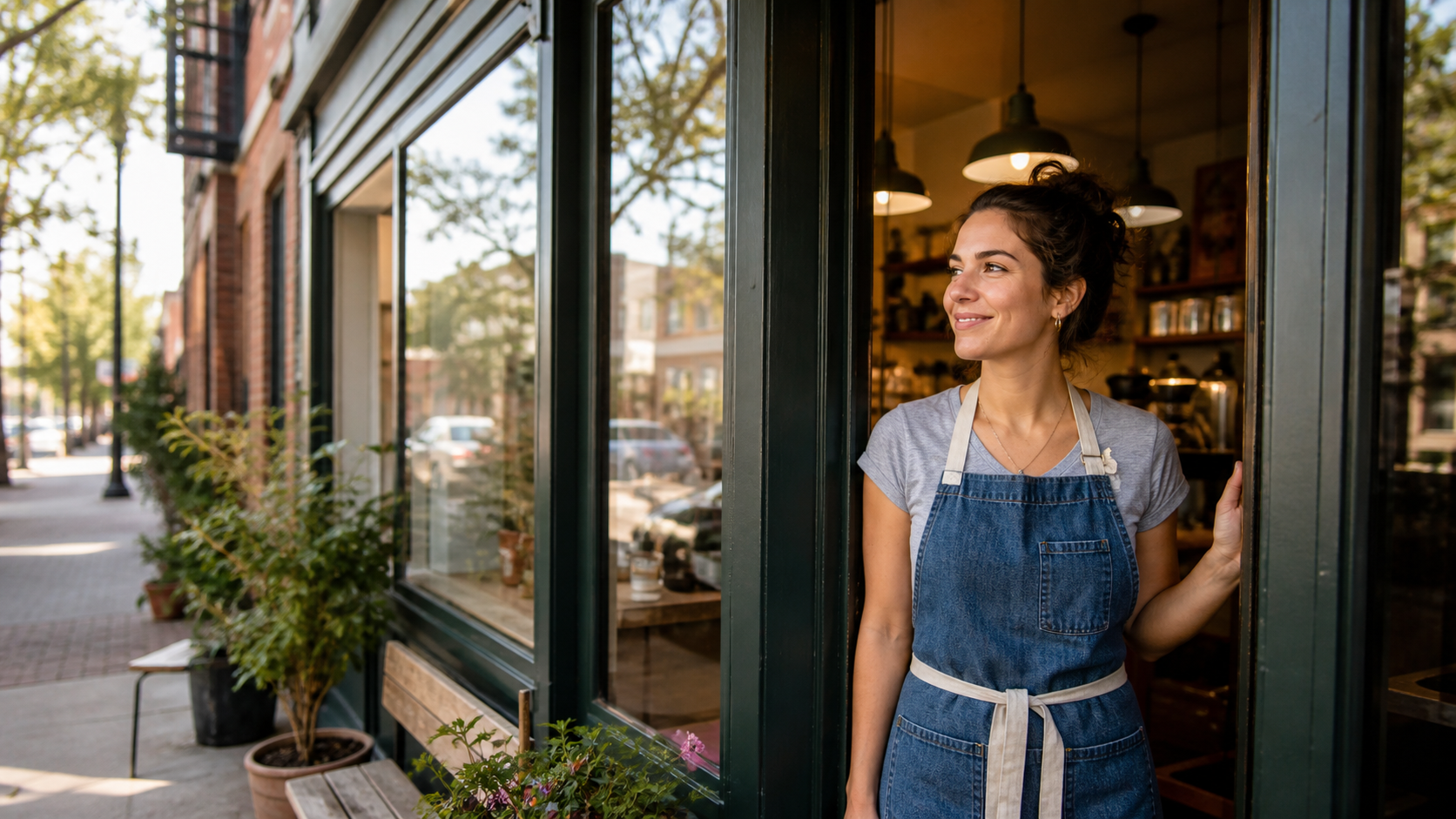 Dueña abre un pequeño café de barrio por la mañana
