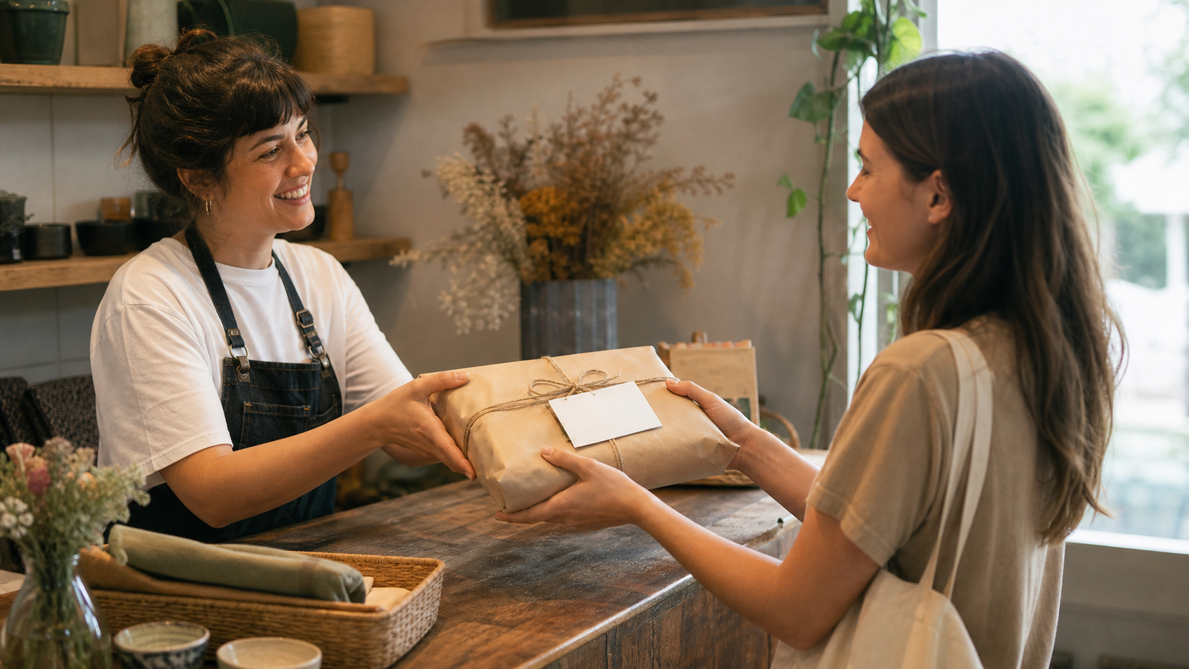 Comerciante entrega un pedido a una clienta satisfecha