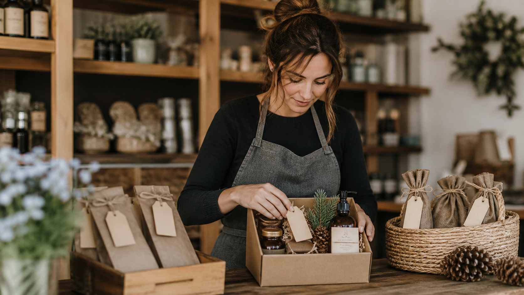 Comerciante arma un combo de productos en un mostrador