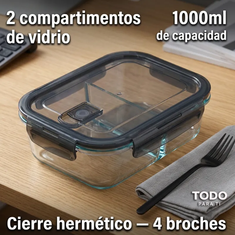 Contenedor HerméTico Rectangular De Vidrio Con DivisióN Interna 1000ml - 3