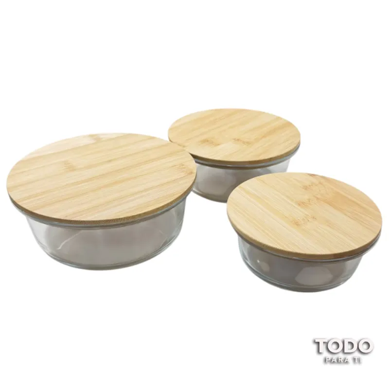 Set 3 Bowls Redondos Vidrio Borosilicato Con Tapa De Bambú - 4