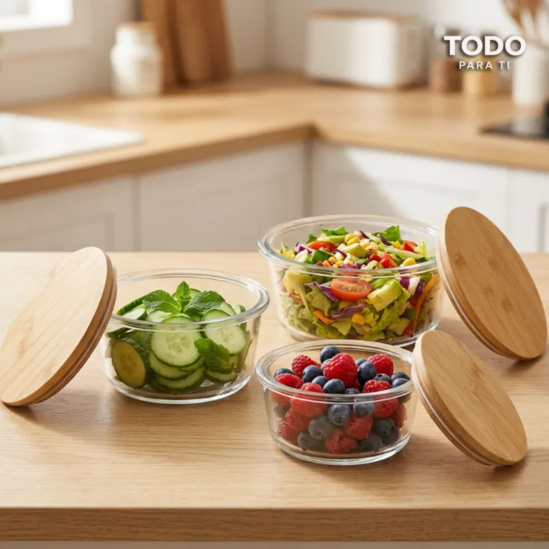 Set 3 Bowls Redondos Vidrio Borosilicato Con Tapa De Bambú - 2