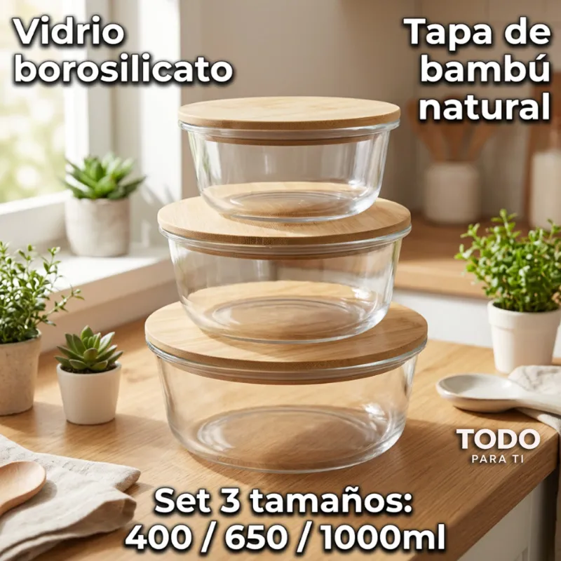 Set 3 Bowls Redondos Vidrio Borosilicato Con Tapa De Bambú - 3