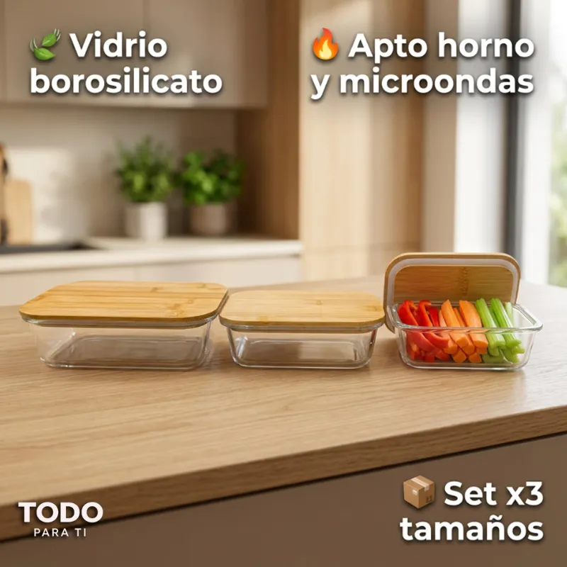 Set X3 Contenedores Rectangulares De Vidrio Borosilicato Con Tapa De Bambú - 3