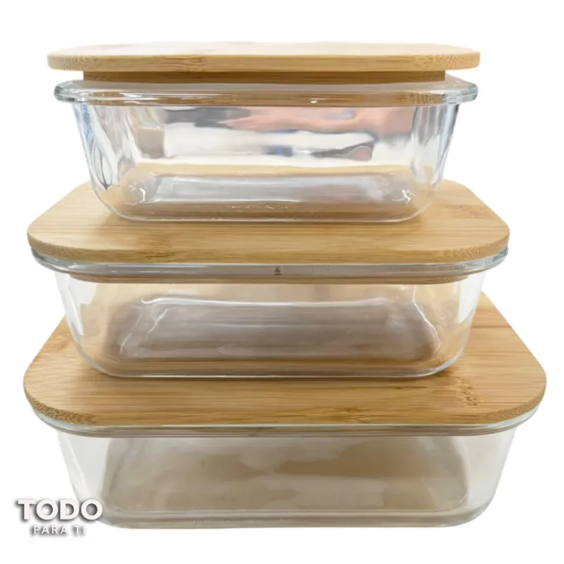 Set X3 Contenedores Rectangulares De Vidrio Borosilicato Con Tapa De Bambú - 4