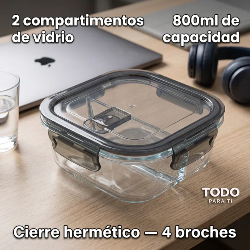 Contenedor HerméTico Cuadrado De Vidrio Con DivisióN Interna 800ml - 3