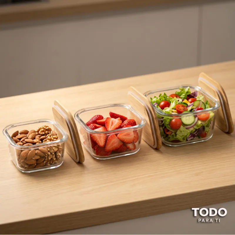 Set 3 Contenedores Cuadrados De Vidrio Borosilicato Con Tapa De Bambú - 2