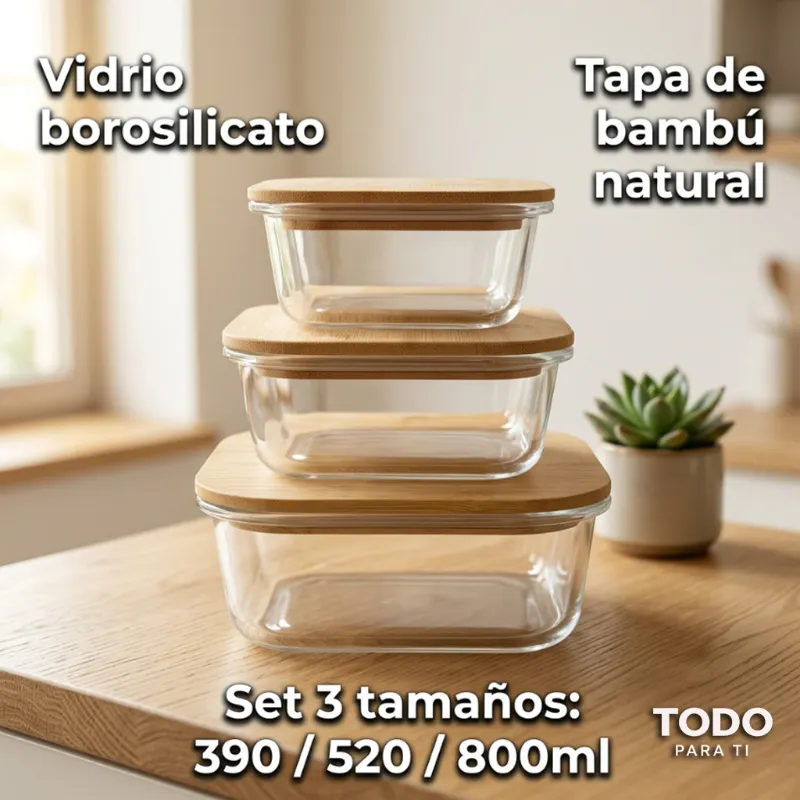 Set 3 Contenedores Cuadrados De Vidrio Borosilicato Con Tapa De Bambú - 3