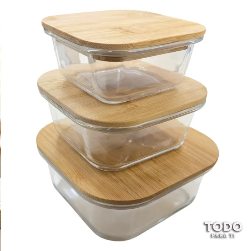 Set 3 Contenedores Cuadrados De Vidrio Borosilicato Con Tapa De Bambú - 4