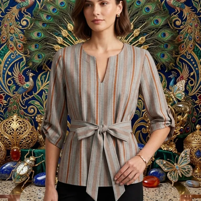 Blusa Femenina Elegante A Rayas Con CinturóN Ajust
