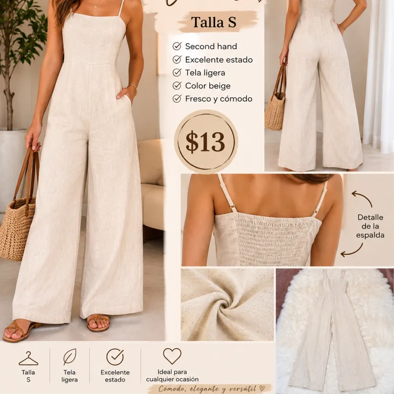 Enterizo Beige De Pierna Ancha Con Tirantes Tall