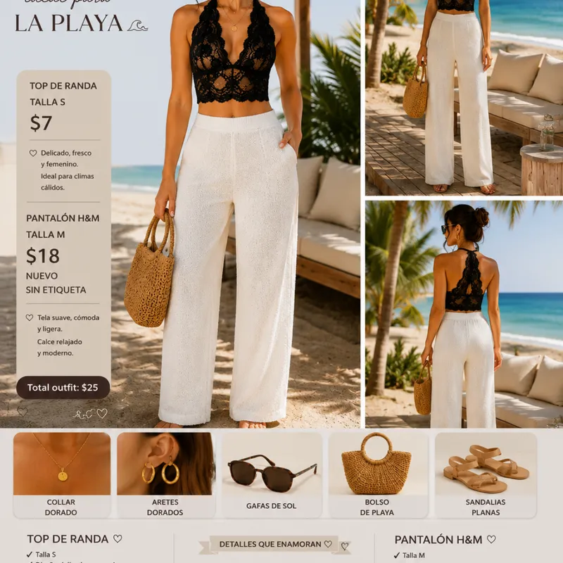 Outfit Playa Chic: Encaje Negro + PantalóN Blanco