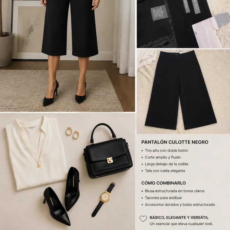 Pantalón Culotte Negro De Tiro Alto Corte Amplio