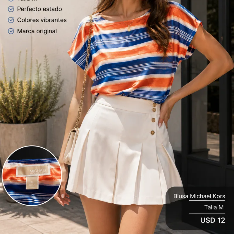 Blusa Michael Kors De Rayas Azul, Blanco Y Naranja