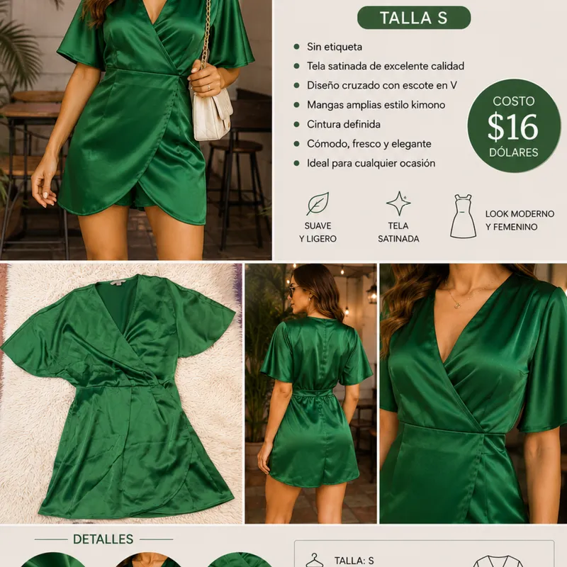 Vestido H&M Verde Esmeralda Satinado Talla S