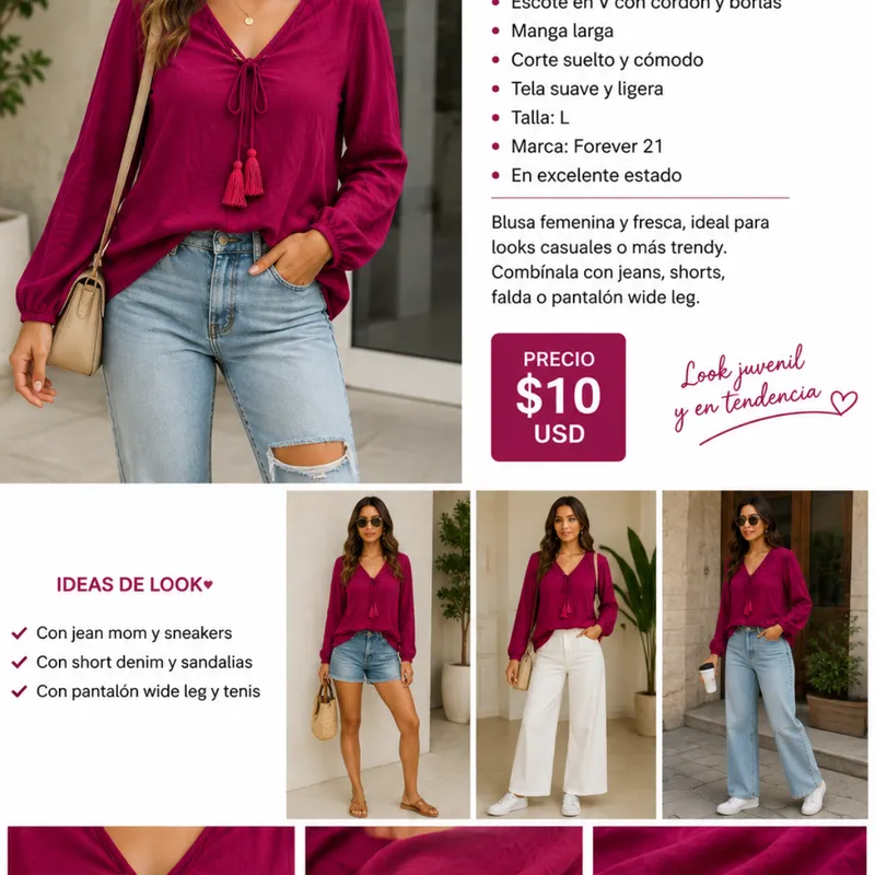 Blusa Forever 21 Fucsia Con Borlas Talla L