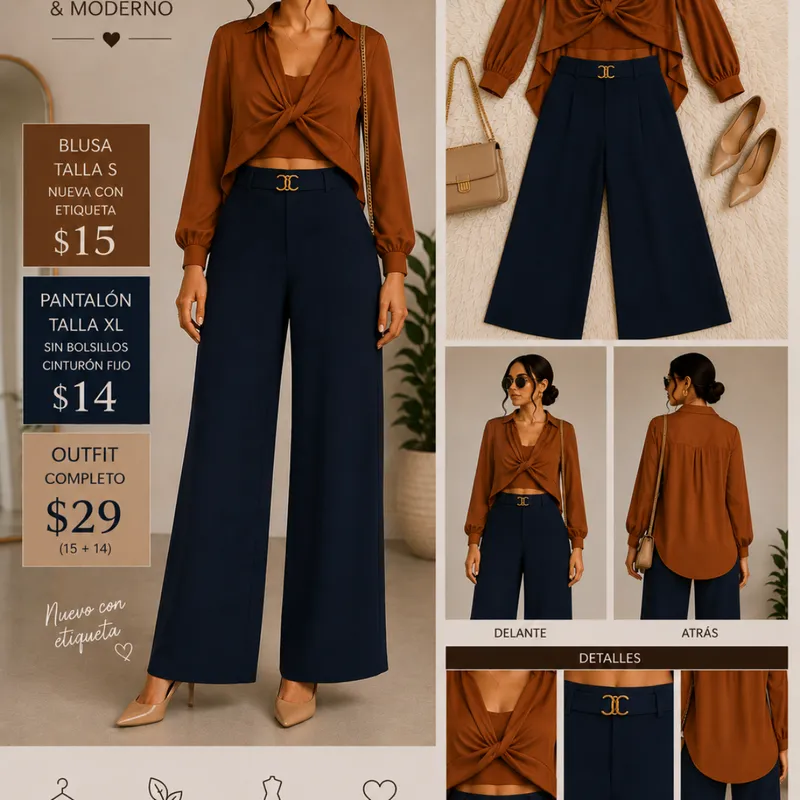 Outfit Elegante En Tonos Tierra Y Azul  Blus