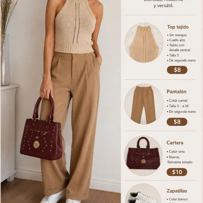 Outfit Casual Chic Top Tejido + Pantalón Camel