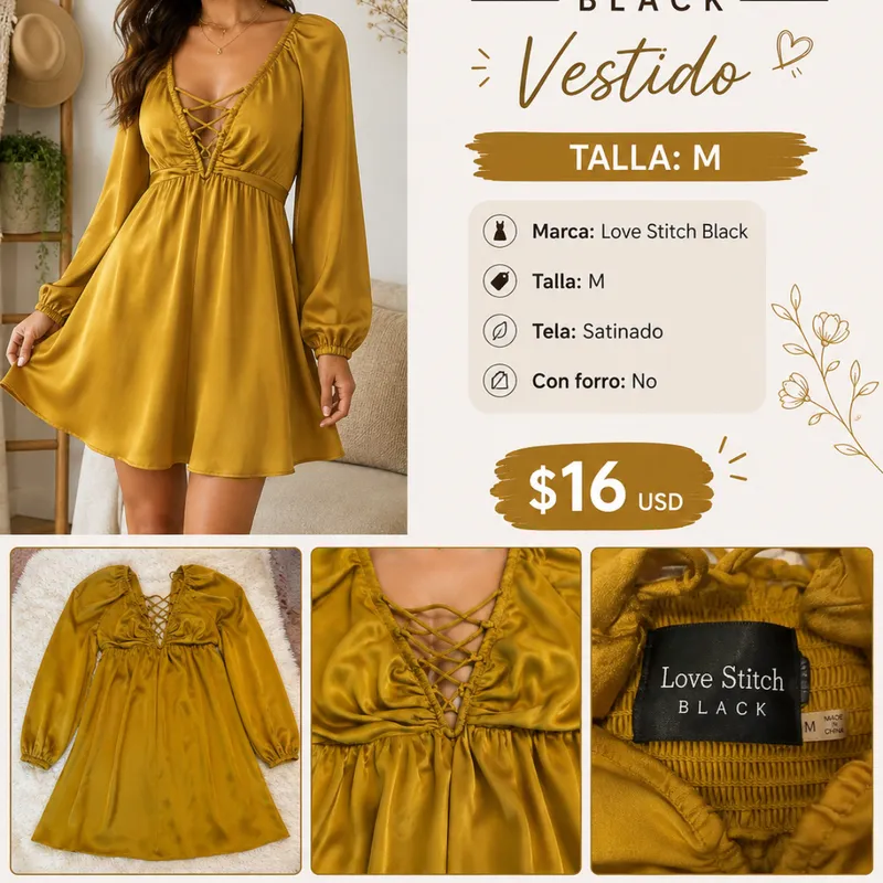 Vestido Love Stitch Black Satinado Mostaza Con Esc