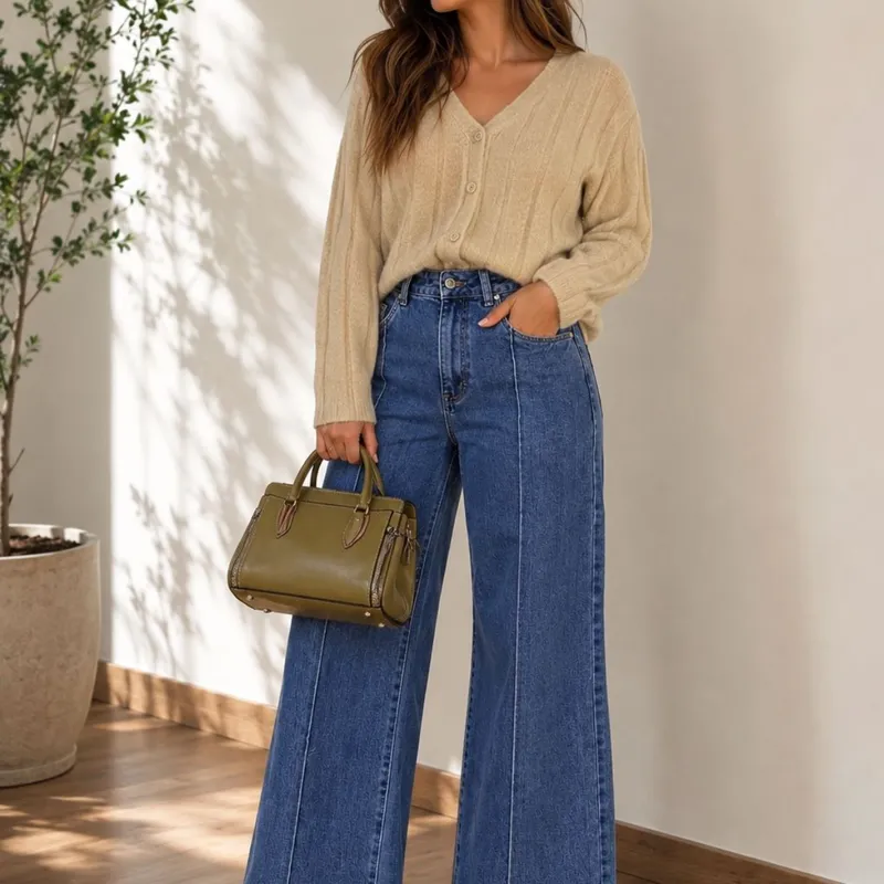 Outfit Casual Chic Cardigan Tejido, Jean, Cartera