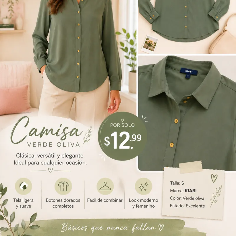 Camisa Kiabi Verde Oliva Con Botones Dorados Tal