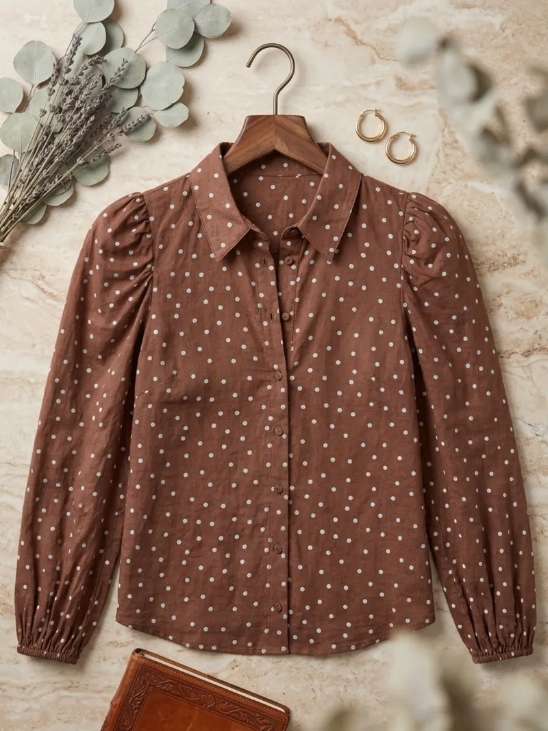 Blusa De Lunares En Lino Marrón Con Mangas Abullon