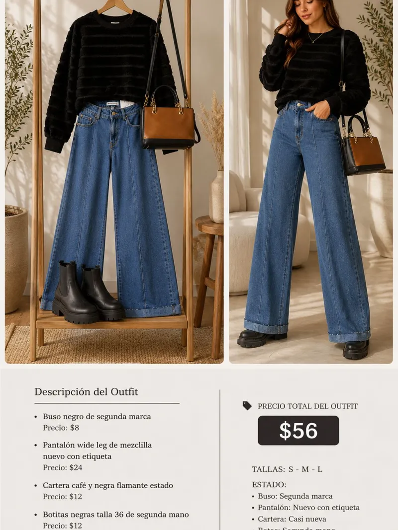 Urbano Chic Buso Texturizado Negro, Jean Wide