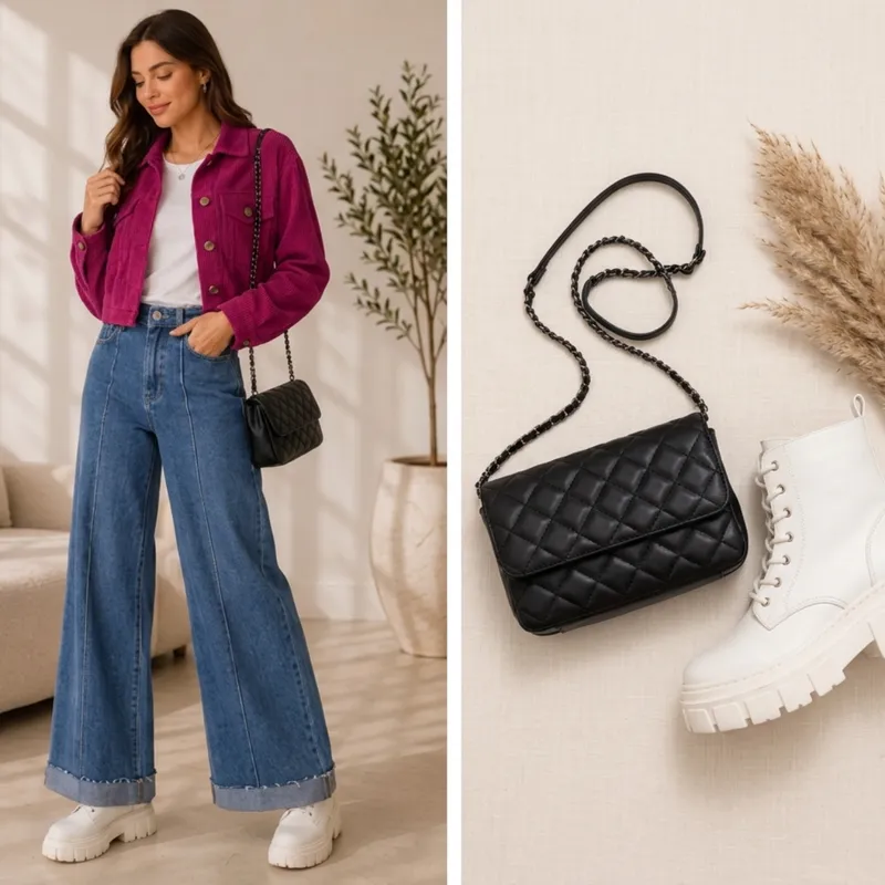Chaqueta De Pana Magenta, Jean Wide Leg Y Botines