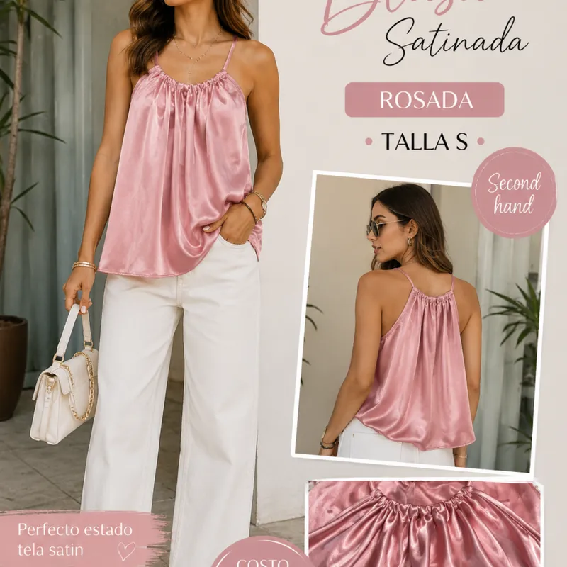 Blusa Satinada Rosa Con Tirantes Delgados  Talla