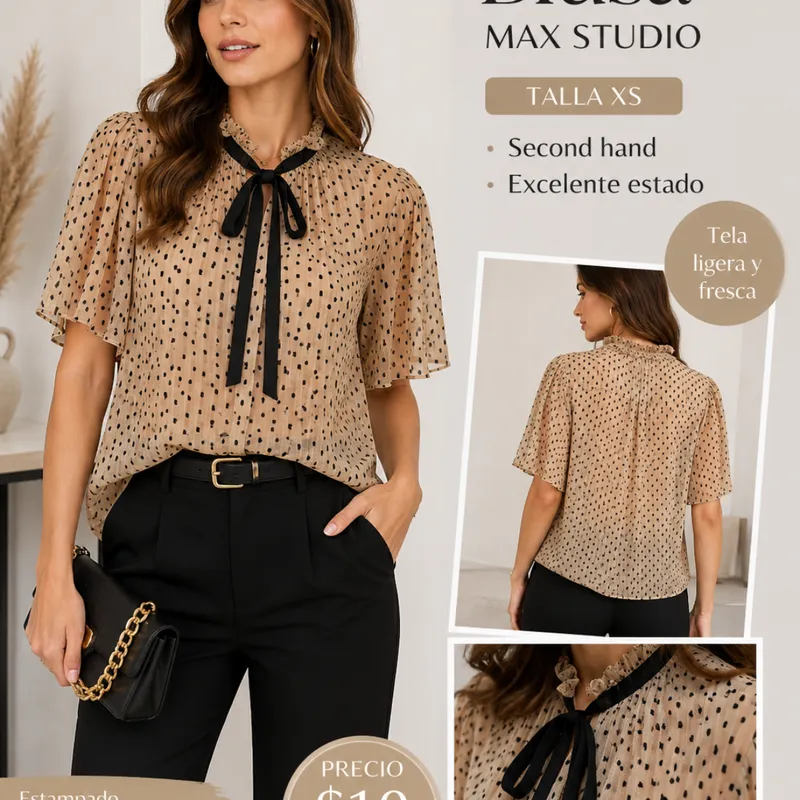 Blusa Max Studio Beige Con Estampado Y Lazo Negro