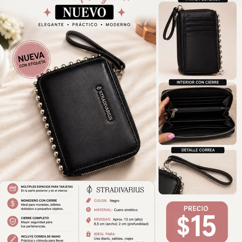 Stradivarius  Tarjetero Con Monedero Negro