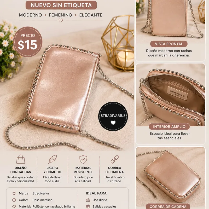 Stradivarius  Bolso Con Tachas Rosa MetáLico