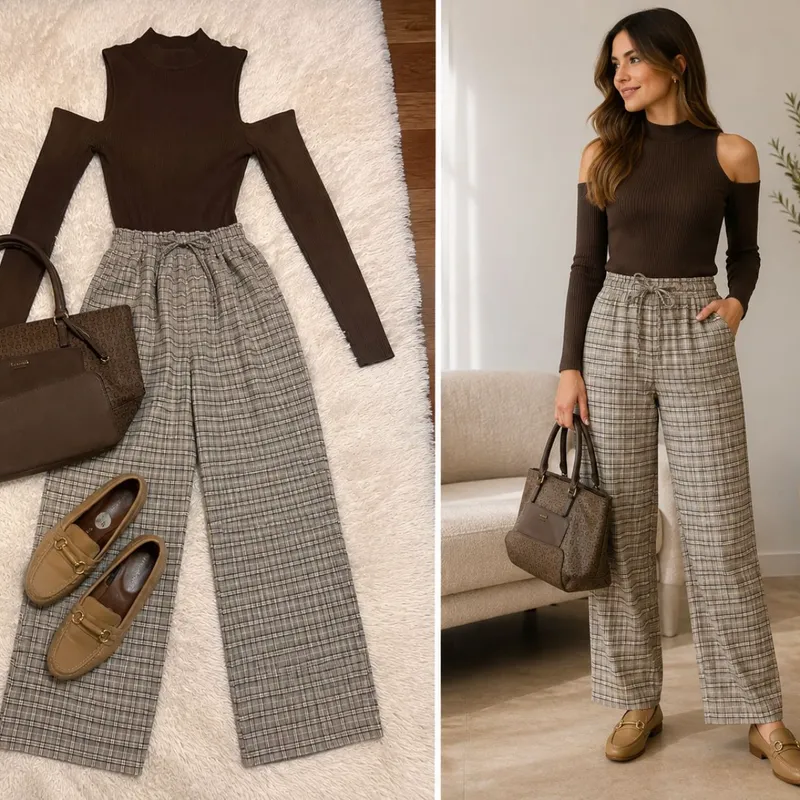 Outfit Casual Chic  Pantalón A Cuadros + Top Café