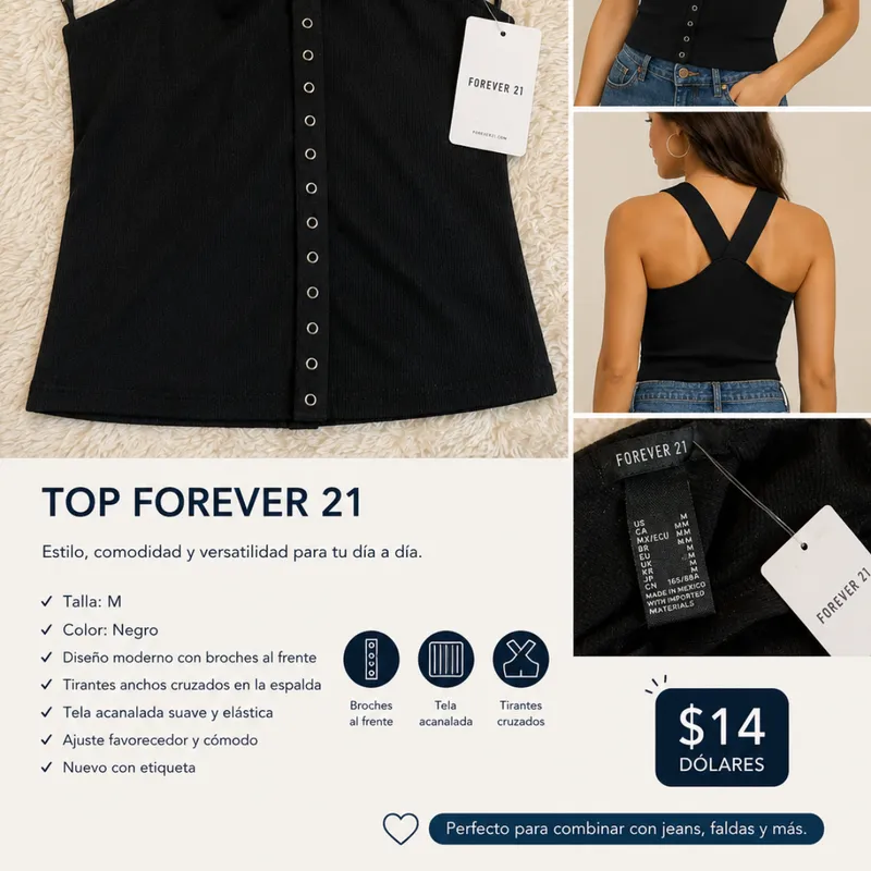 Top Forever 21 Negro Con Broches Talla M