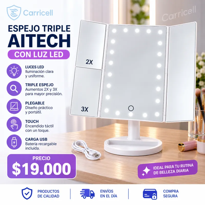 Espejo Triple Aitech Con Luz Led  IluminacióN