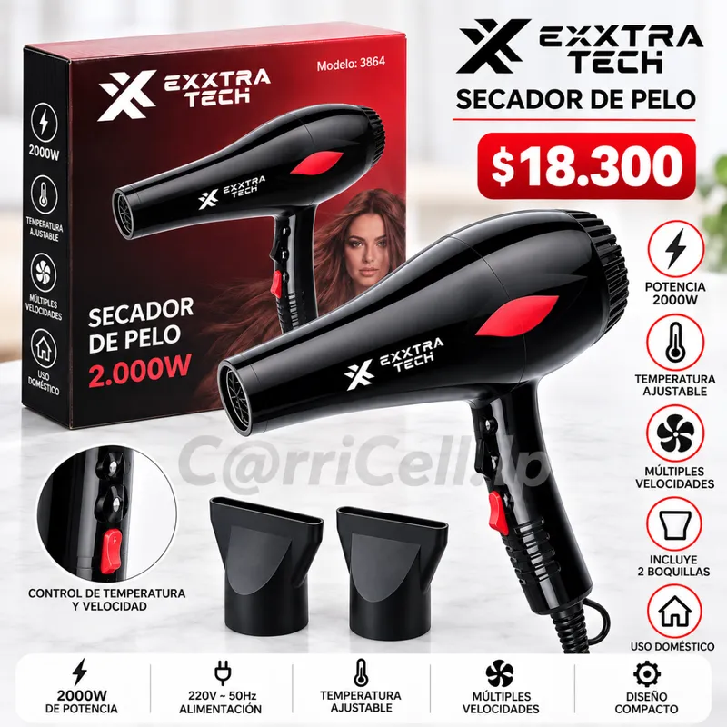 Secador De Pelo Exxtra Tech 2000w  Potencia: 2