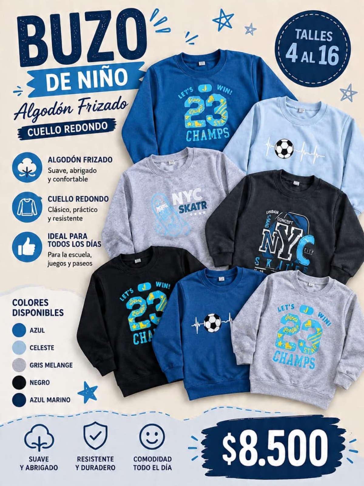 Buzo De NiñO Cuello Redondo AlgodóN Frizado