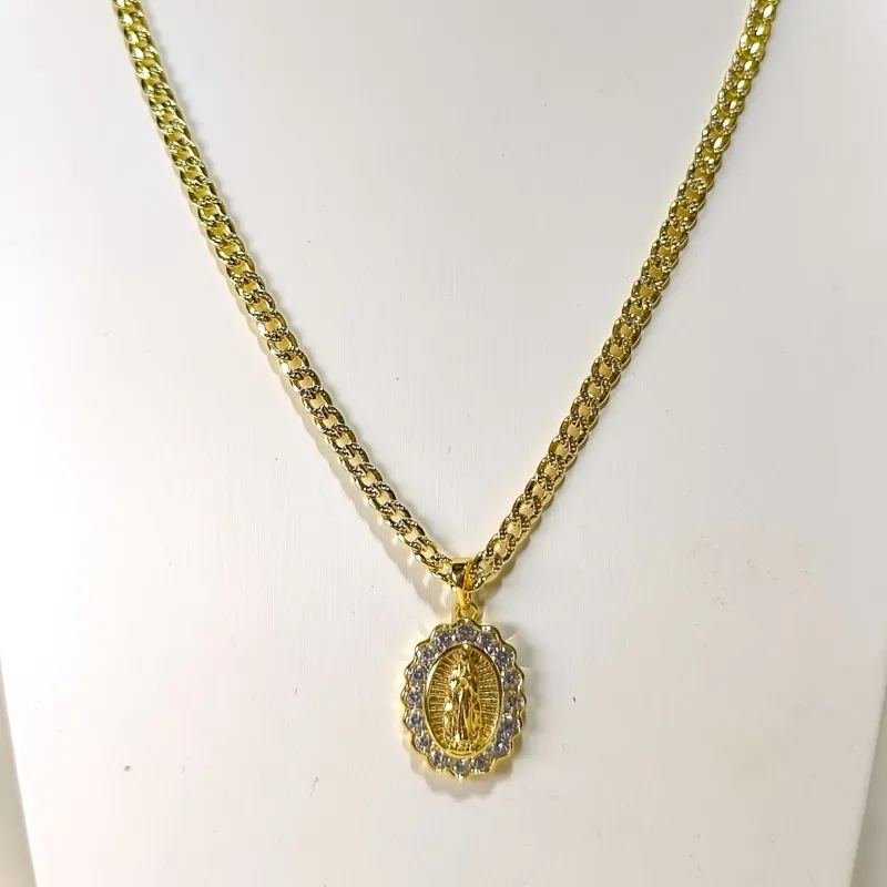 Cadena Cubana Diamantada Y Dije Virgen De Guadalup